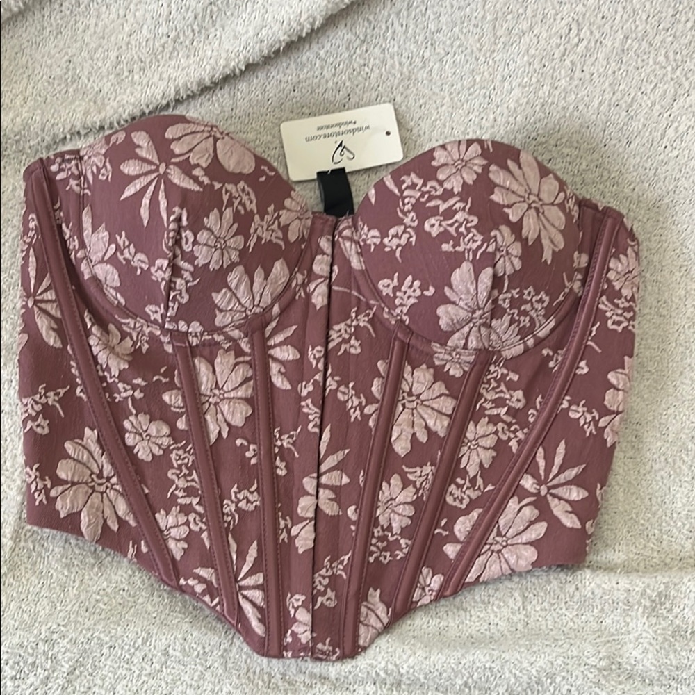 Windsor Sultry Hour Strapless Jacquard Floral Dk Mauve Corset Top Small NWT